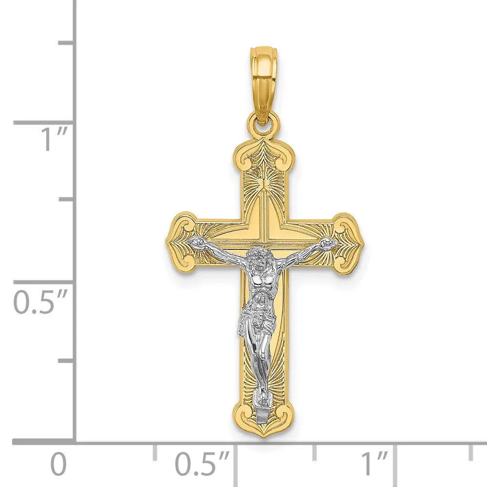14K W/ Rhodium Engraved Crucifix Charm
