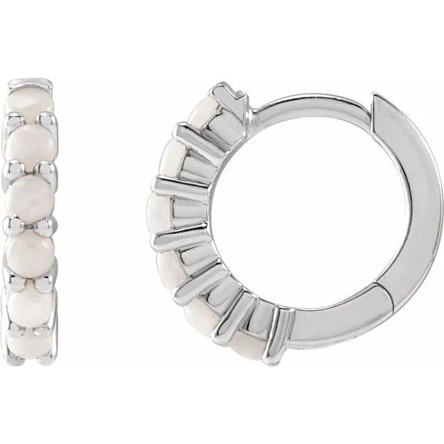 14K White Gold 12.2 mm Natural White Gold Opal Huggie Hoop Earrings