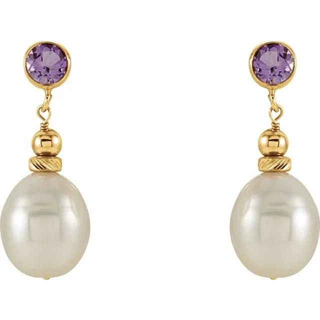 14K Yellow Gold Cultured White Gold Freshwater Pearl & Natural Amethyst Earrings