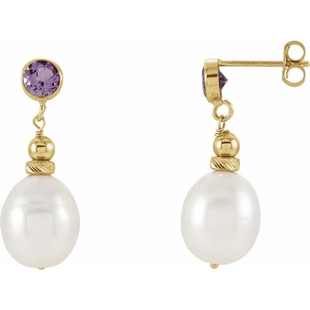 14K Yellow Gold Cultured White Gold Freshwater Pearl & Natural Amethyst Earrings