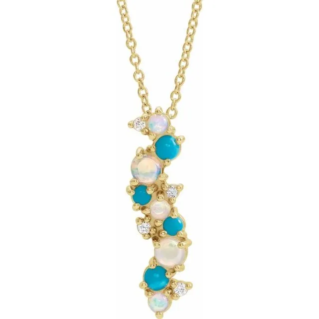 14K Yellow Gold Natural Ethiopian Opal Turquoise & .03 CTW Natural Diamond 16-18" Necklace
