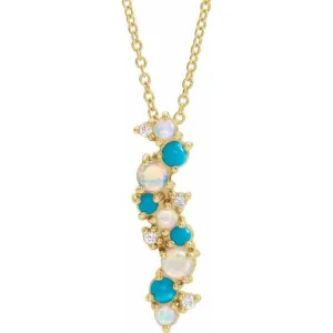 14K Yellow Gold Natural Ethiopian Opal Turquoise & .03 CTW Natural Diamond 16-18" Necklace