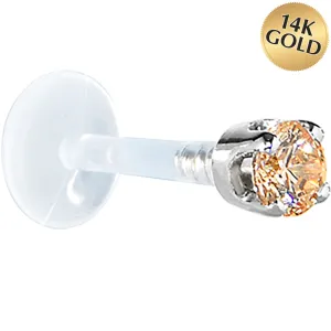 16 Gauge 1/4 Solid 14KT White Gold 3mm Champagne Cubic Zirconia Bioplast Tragus Earring Stud