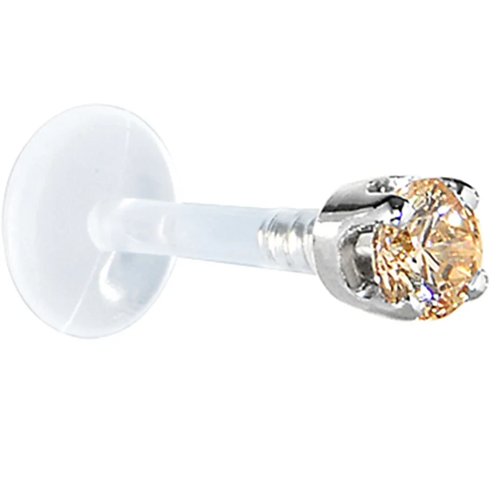 16 Gauge 1/4 Solid 14KT White Gold 3mm Champagne Cubic Zirconia Bioplast Tragus Earring Stud