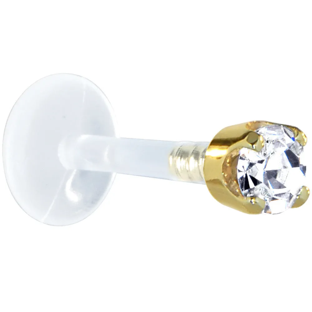16 Gauge 1/4 Solid 14KT Yellow Gold 3mm Clear Cubic Zirconia Bioplast Tragus Earring Stud