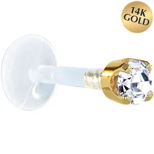 16 Gauge 1/4 Solid 14KT Yellow Gold 3mm Clear Cubic Zirconia Bioplast Tragus Earring Stud