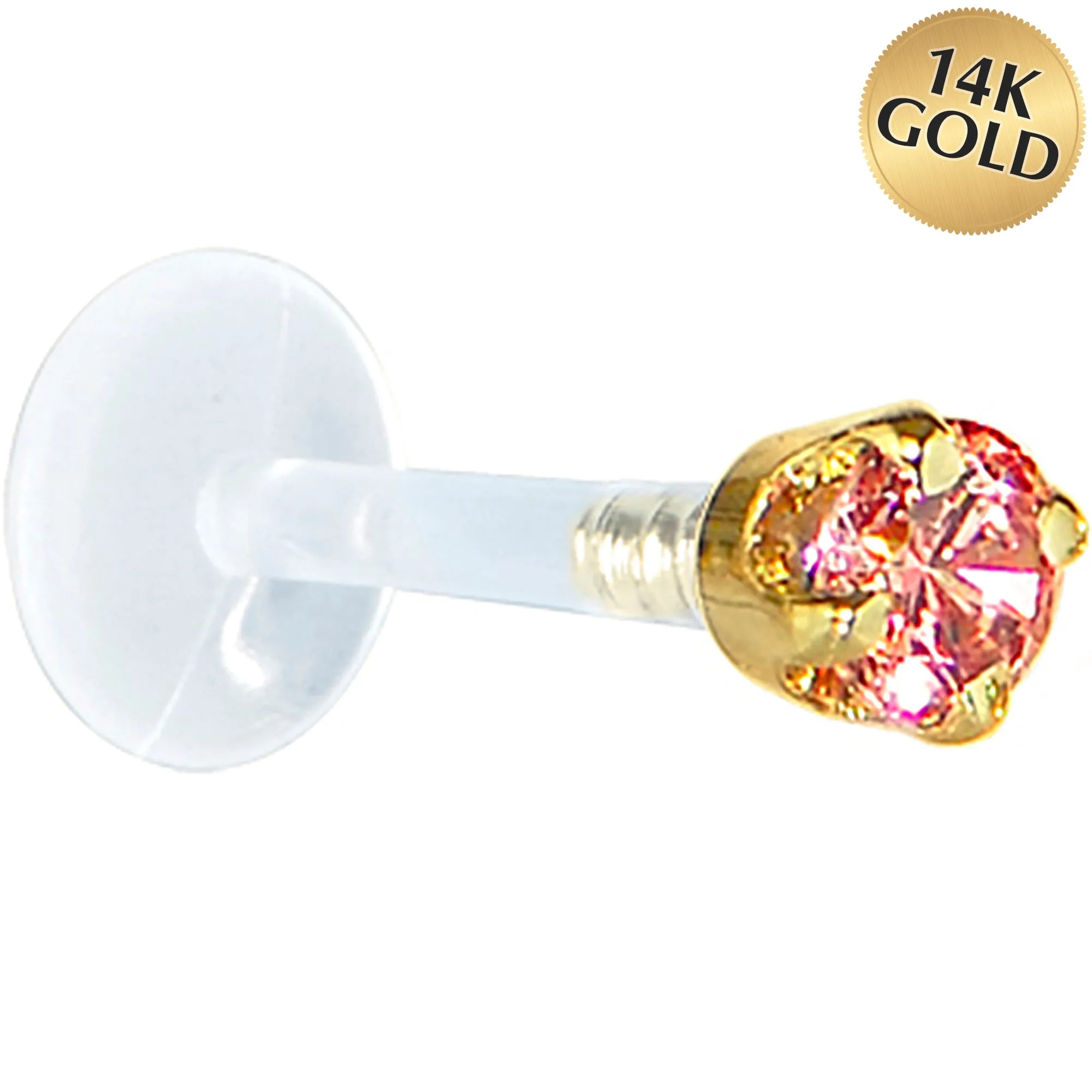 16 Gauge 1/4 Solid 14KT Yellow Gold 3mm Salmon Cubic Zirconia Bioplast Tragus Earring Stud