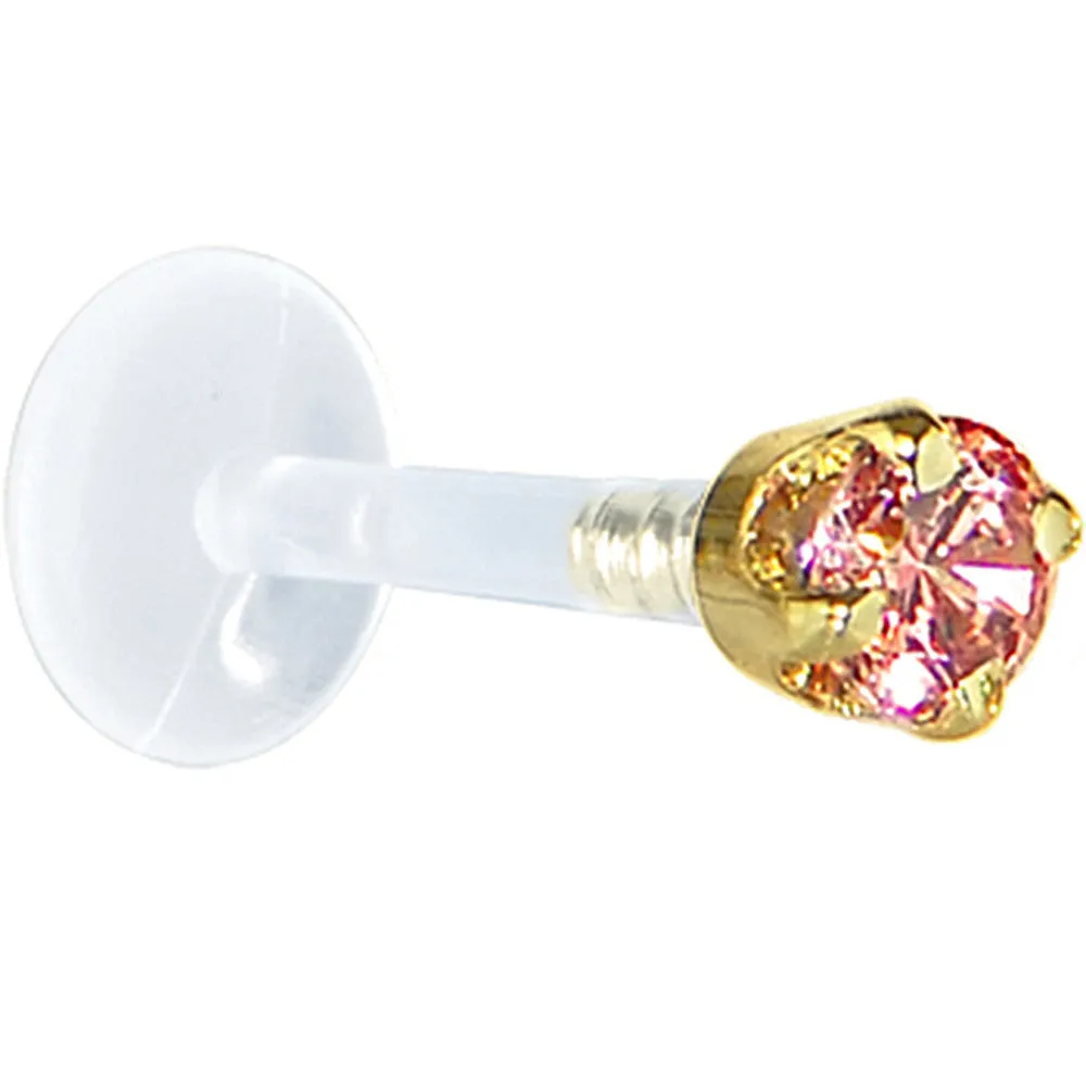 16 Gauge 1/4 Solid 14KT Yellow Gold 3mm Salmon Cubic Zirconia Bioplast Tragus Earring Stud