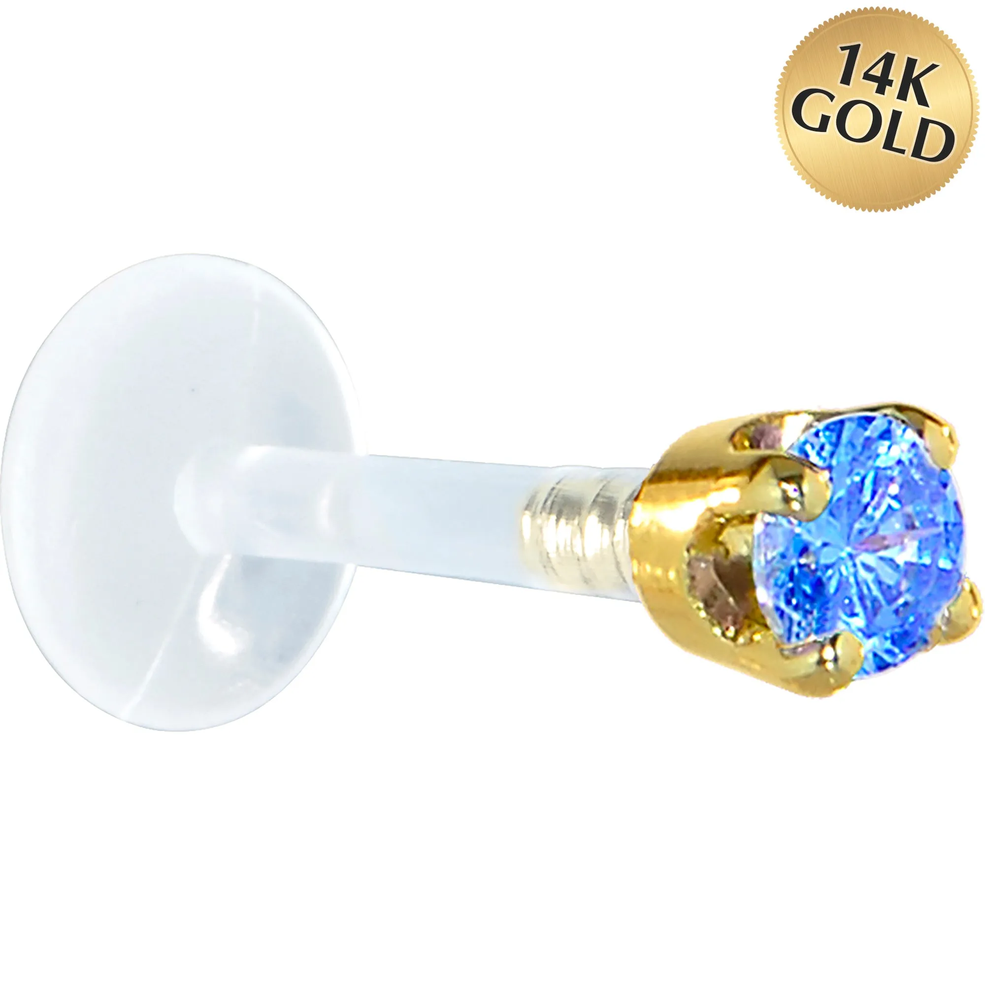 16 Gauge 5/16 Solid 14KT Yellow Gold 3mm Arctic Blue Cubic Zirconia Bioplast Tragus Earring Stud