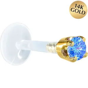 16 Gauge 5/16 Solid 14KT Yellow Gold 3mm Arctic Blue Cubic Zirconia Bioplast Tragus Earring Stud