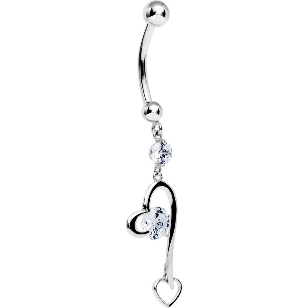 16 Gauge Solid 14KT White Gold Cubic Zirconia HEART FANTASY Dangle Belly Ring