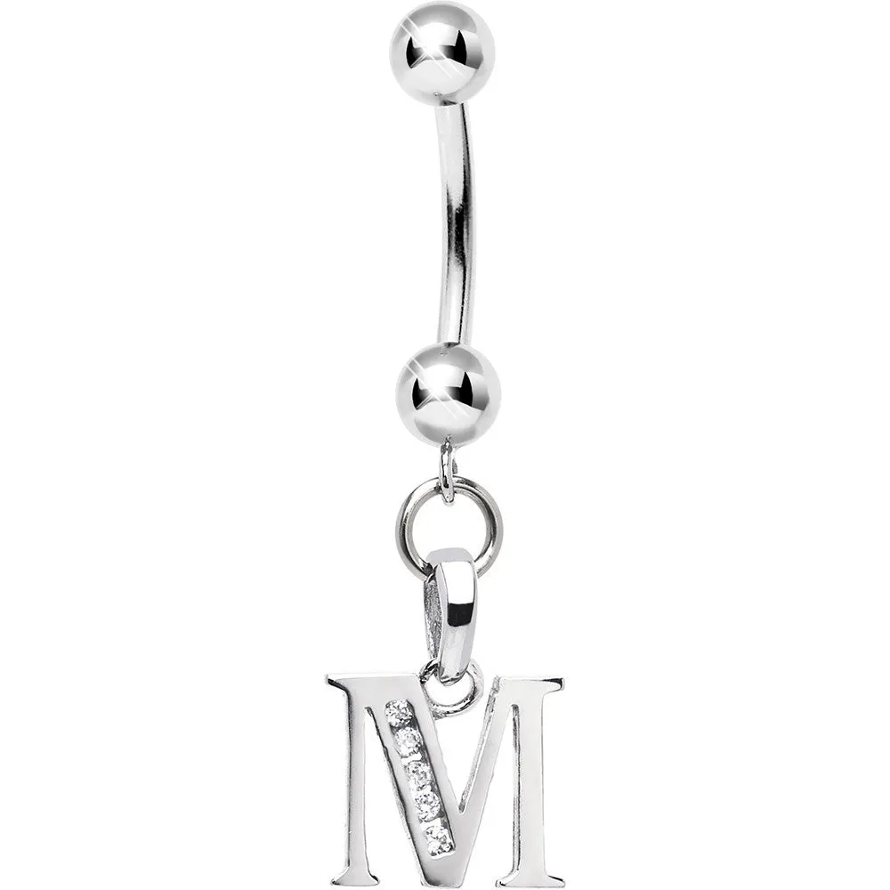 16 Gauge Solid 14kt White Gold CZ Initial M Belly Ring