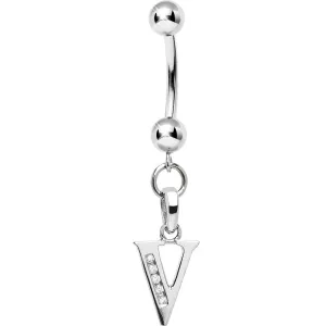 16 Gauge Solid 14kt White Gold CZ Initial V Belly Ring