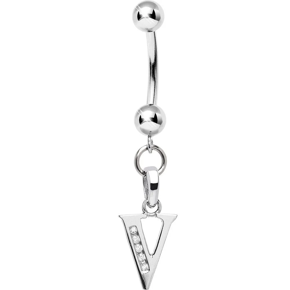 16 Gauge Solid 14kt White Gold CZ Initial V Belly Ring