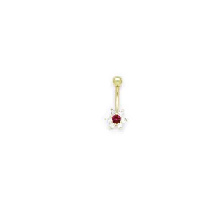 16 Gauge Solid 14kt Yellow Gold Clear Red Cubic Zirconia Flower Belly Ring