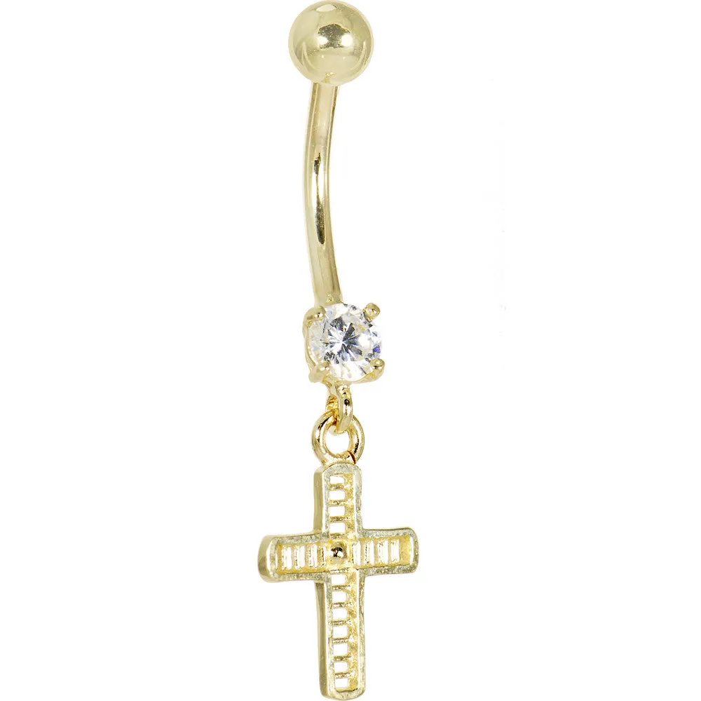 16 Gauge Solid 14kt Yellow Gold Cubic Zirconia Cross Dangle Belly Ring