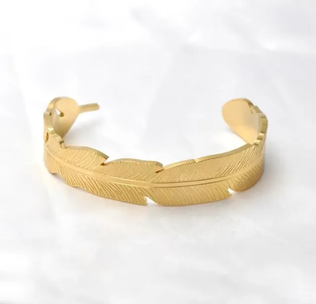 18K Gold-Plated Leaf Feather Open Cuff Bangle