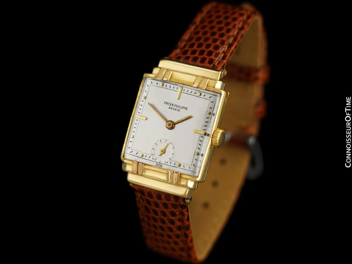 1940's Patek Philippe Vintage Mens Late Art Deco Handwound Watch with Stepped Case - 18K Gold