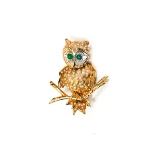 1970's Gold Tone Owl Brooch with Rhinestones by Ciner