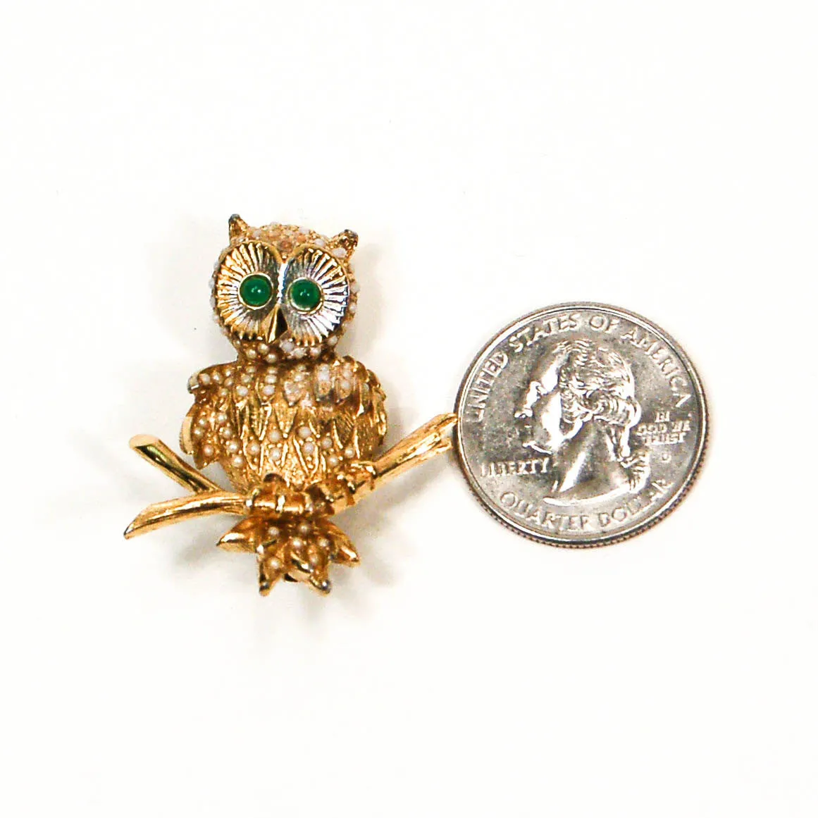 1970's Gold Tone Owl Brooch with Rhinestones by Ciner