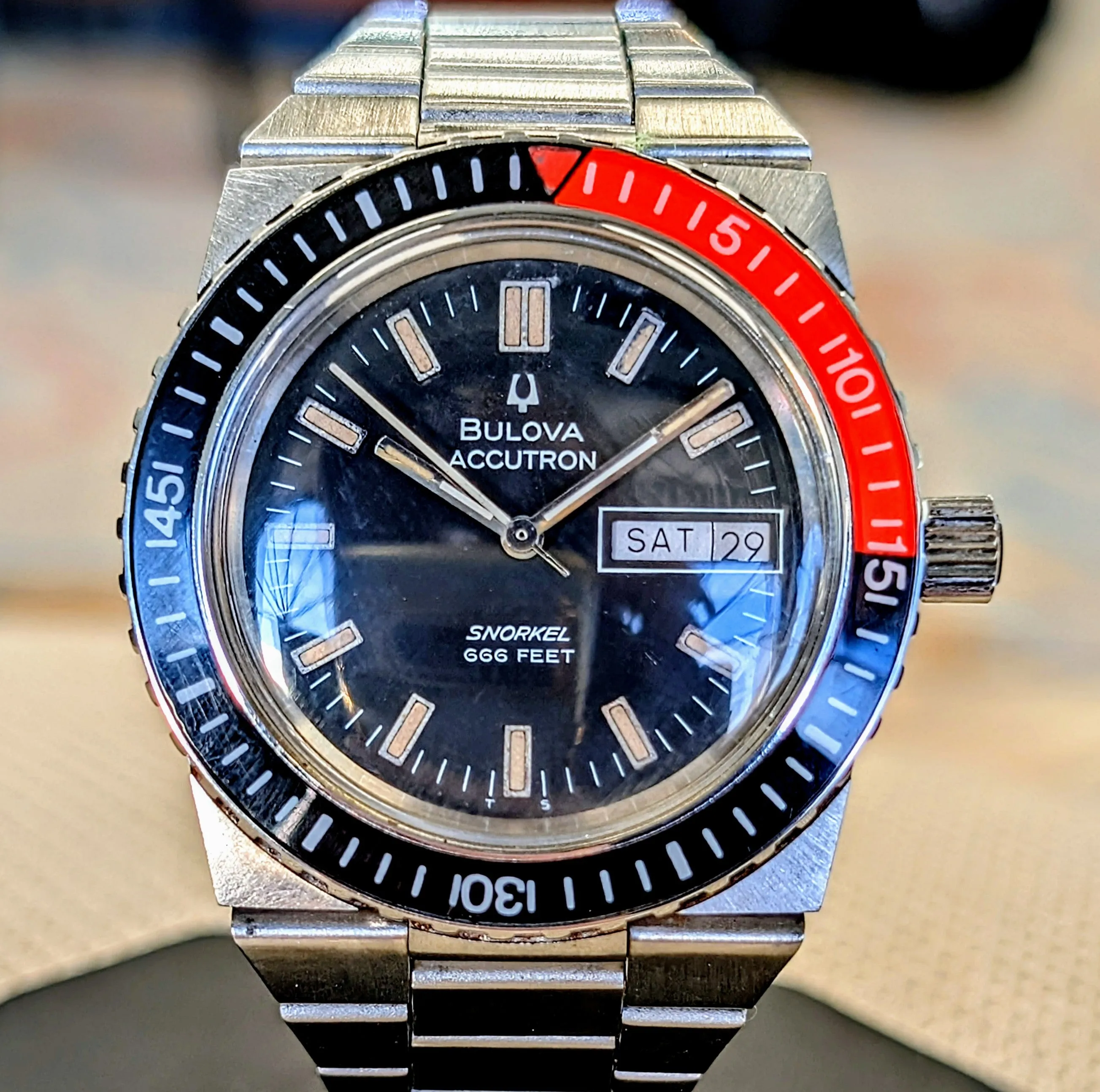1974 BULOVA Accutron Orange Snorkel Watch 666 Feet Wristwatch "Devil Diver" - Original Integrated Bracelet