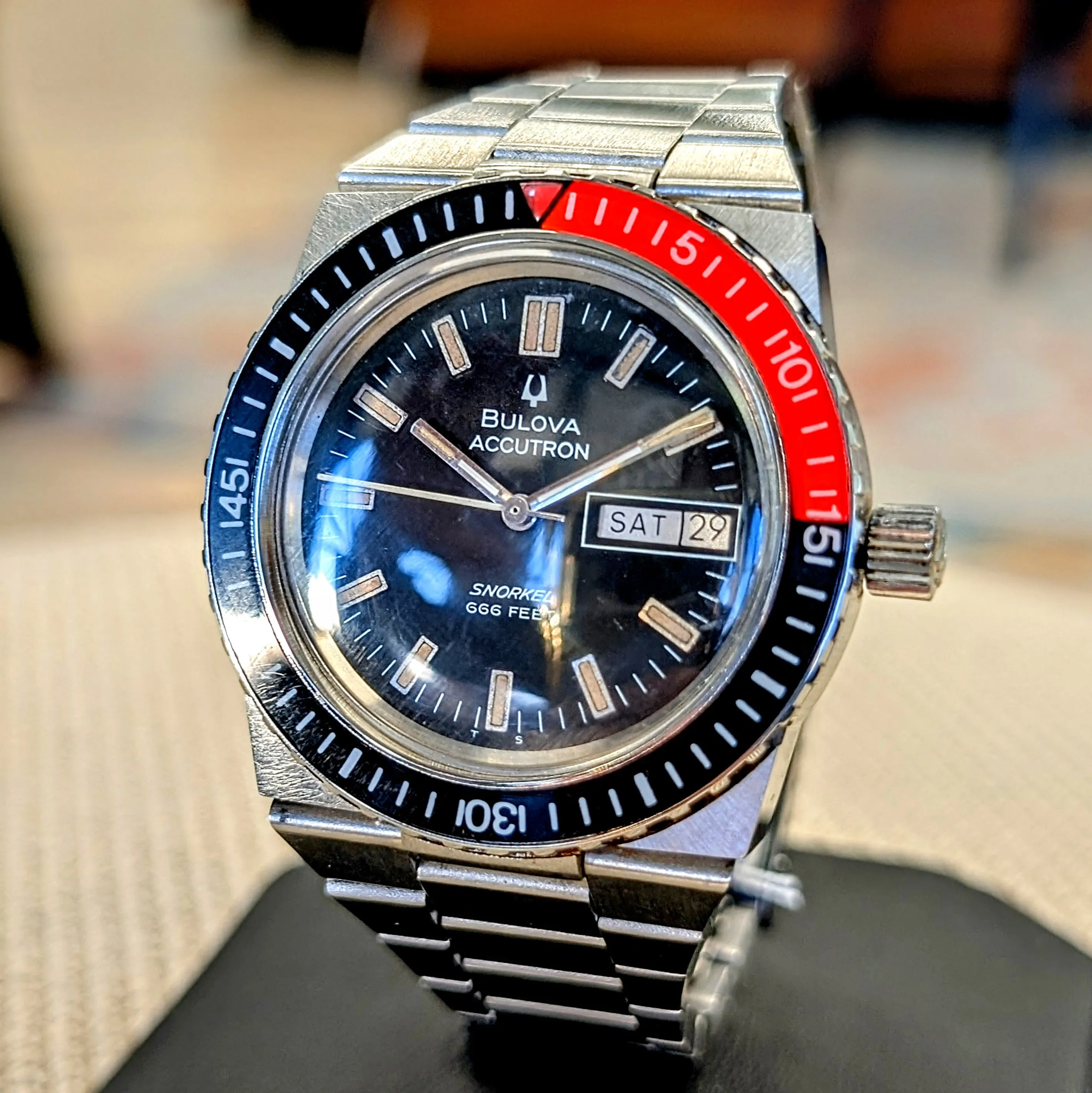 1974 BULOVA Accutron Orange Snorkel Watch 666 Feet Wristwatch "Devil Diver" - Original Integrated Bracelet