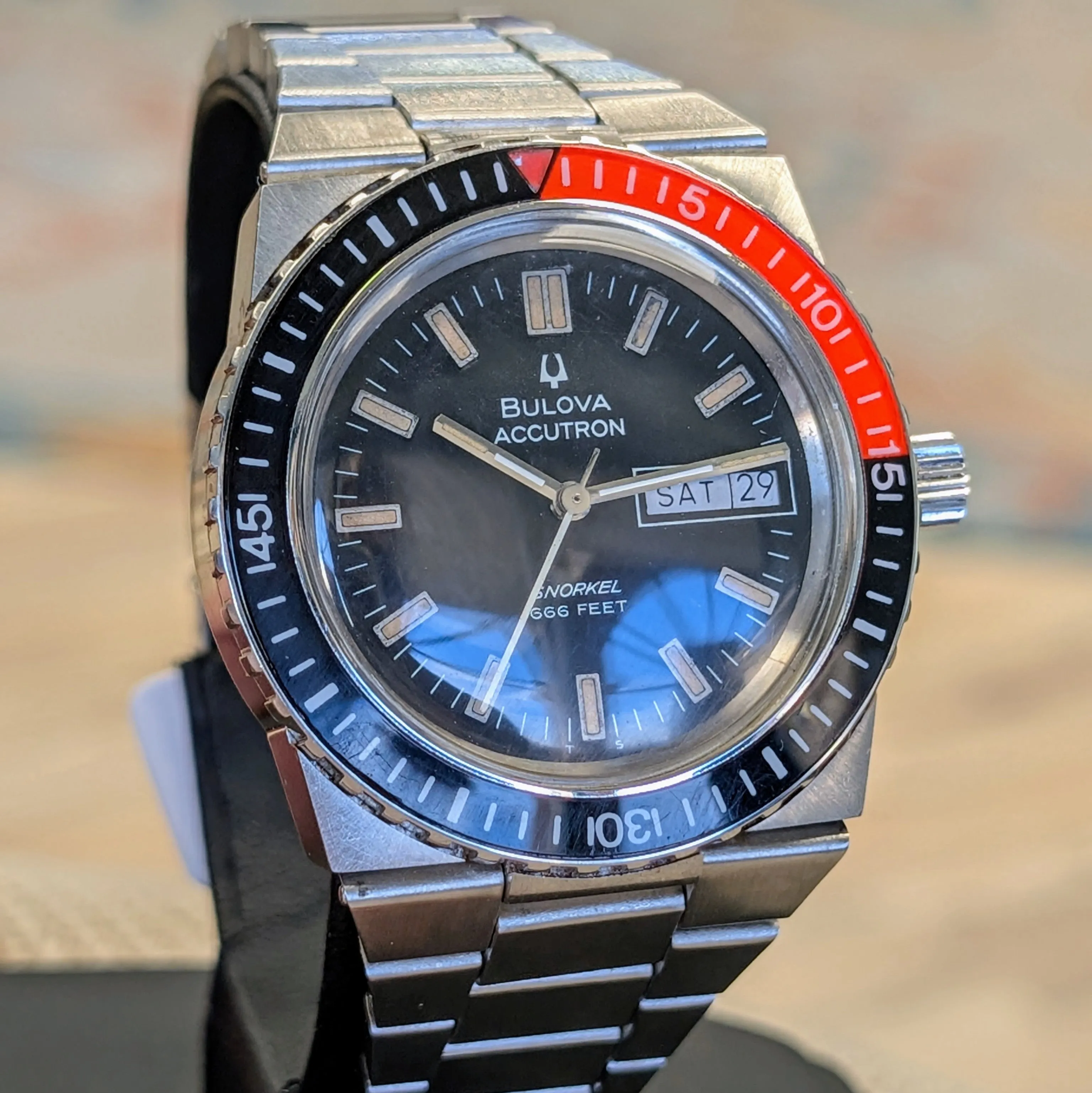 1974 BULOVA Accutron Orange Snorkel Watch 666 Feet Wristwatch "Devil Diver" - Original Integrated Bracelet