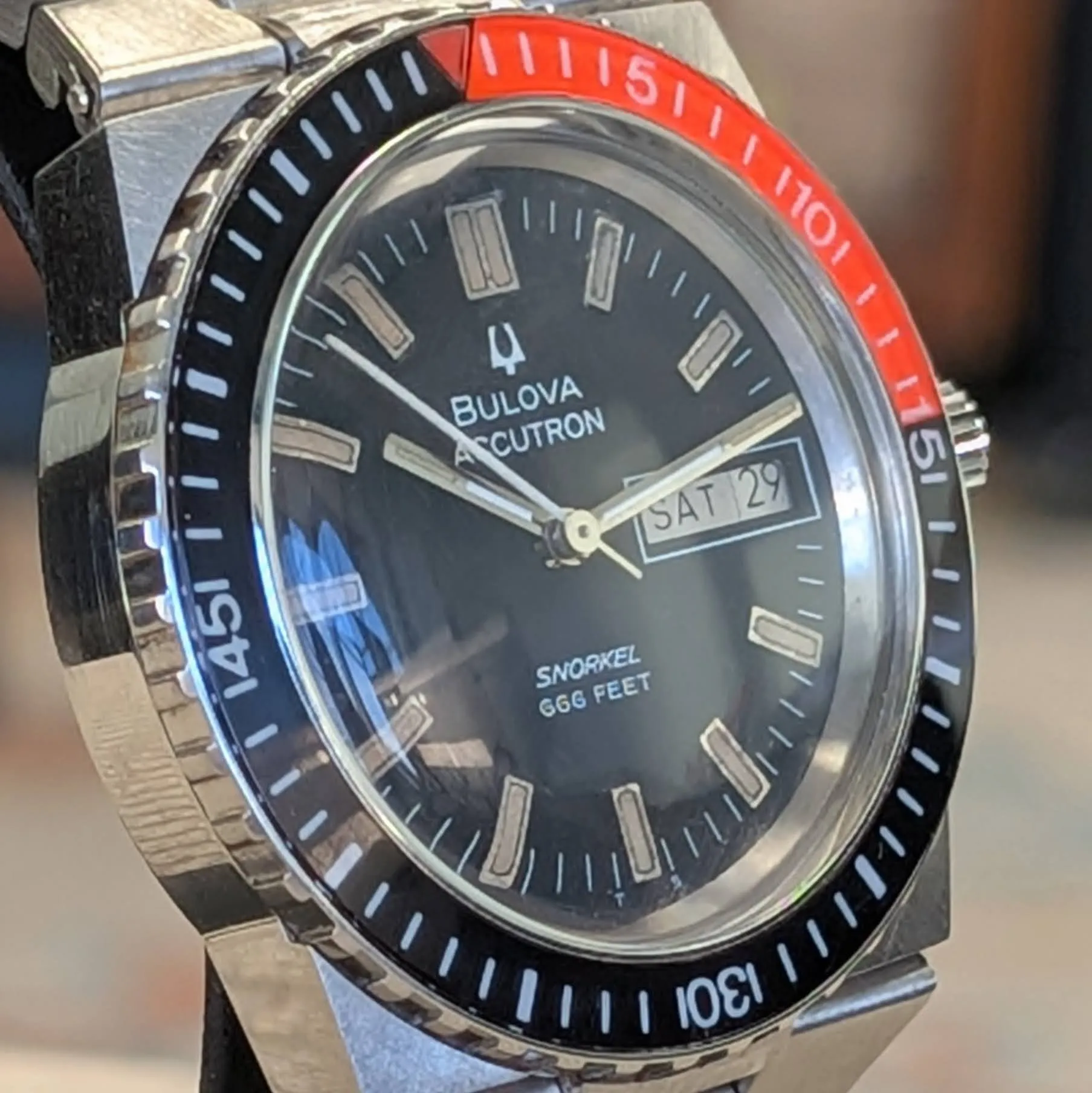 1974 BULOVA Accutron Orange Snorkel Watch 666 Feet Wristwatch "Devil Diver" - Original Integrated Bracelet