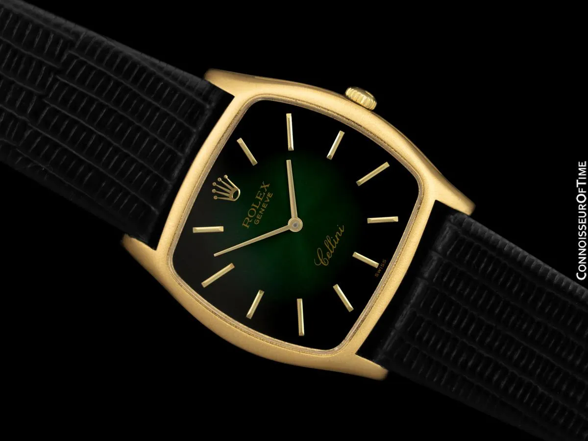 1974 Rolex Cellini Vintage Mens Handwound TV Shaped Dress Watch with Green Vignette Dial, Ref. 3805 - 18K Gold