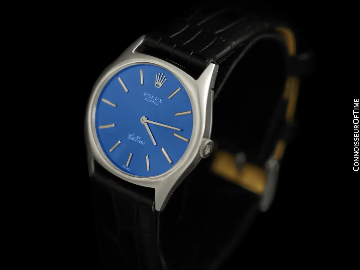 1974 Rolex Cellini Vintage Mens Handwound TV Watch with Royal Blue Dial, Ref. 3806 - 18K White Gold