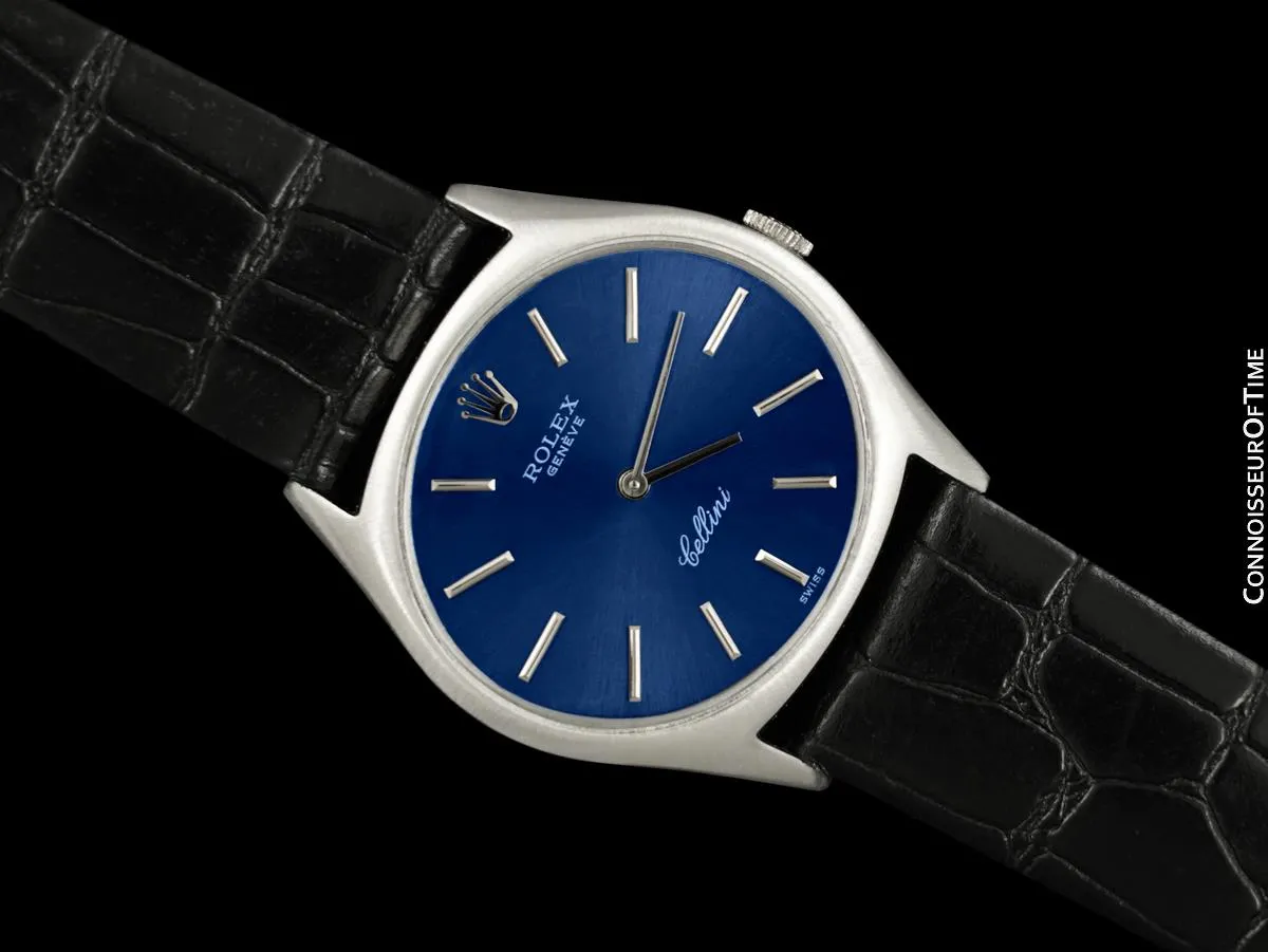 1974 Rolex Cellini Vintage Mens Handwound TV Watch with Royal Blue Dial, Ref. 3806 - 18K White Gold
