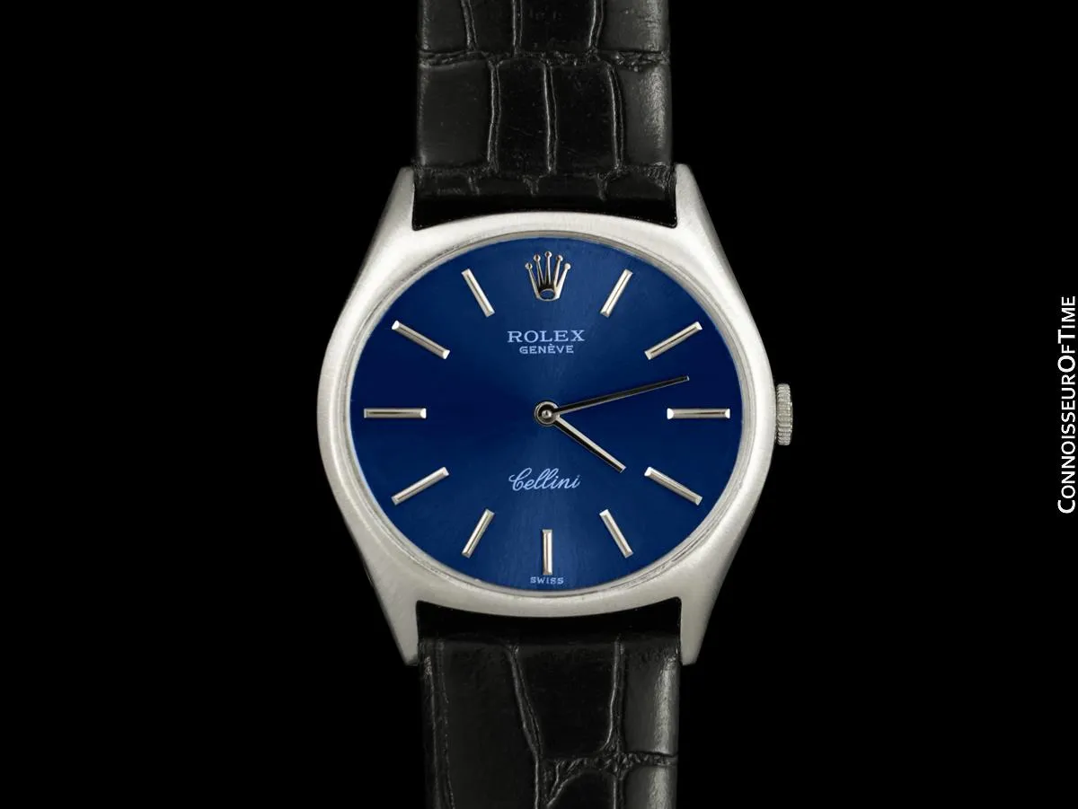 1974 Rolex Cellini Vintage Mens Handwound TV Watch with Royal Blue Dial, Ref. 3806 - 18K White Gold