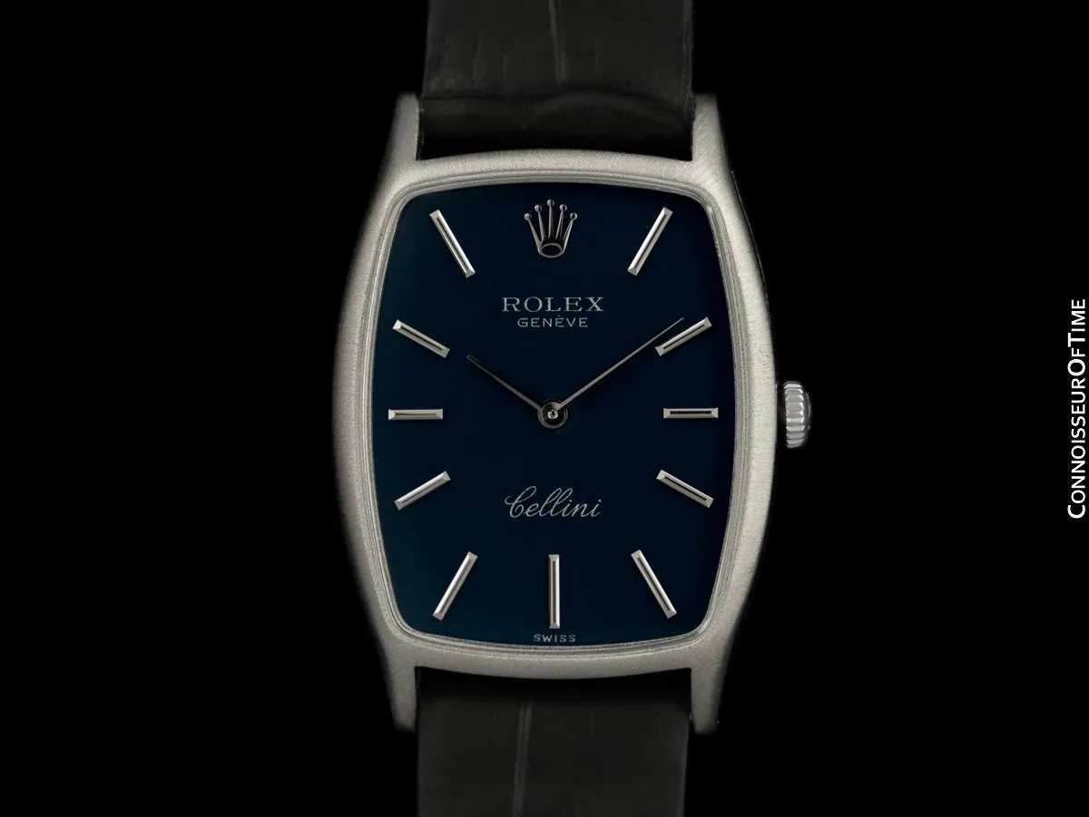 1975 Rolex Cellini Vintage Mens Handwound Tonneau Watch, Ref. 3807 - 18K White Gold