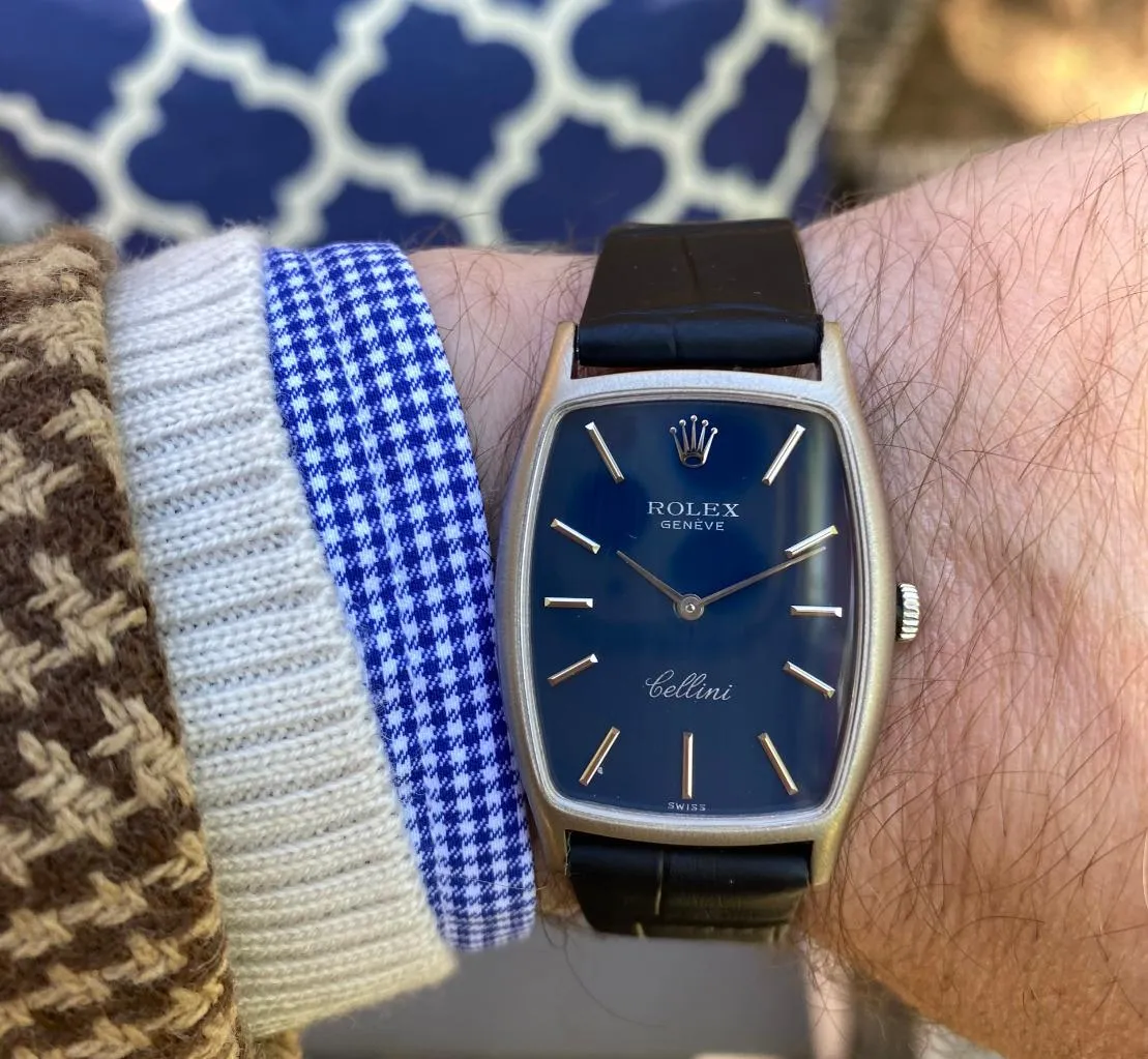 1975 Rolex Cellini Vintage Mens Handwound Tonneau Watch, Ref. 3807 - 18K White Gold