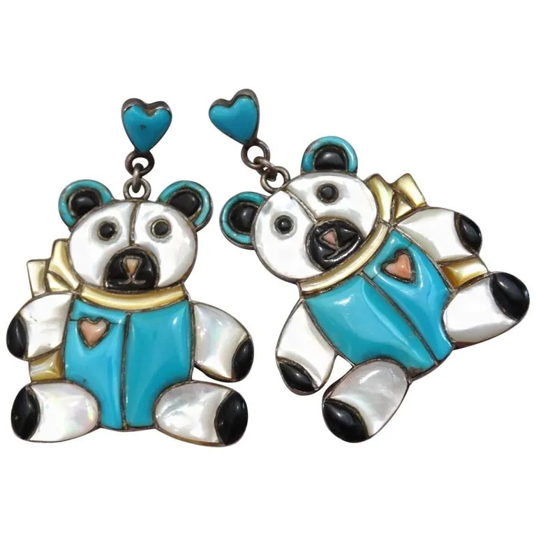 1980s Teddy Bear Zuni Turquoise Silver Earrings