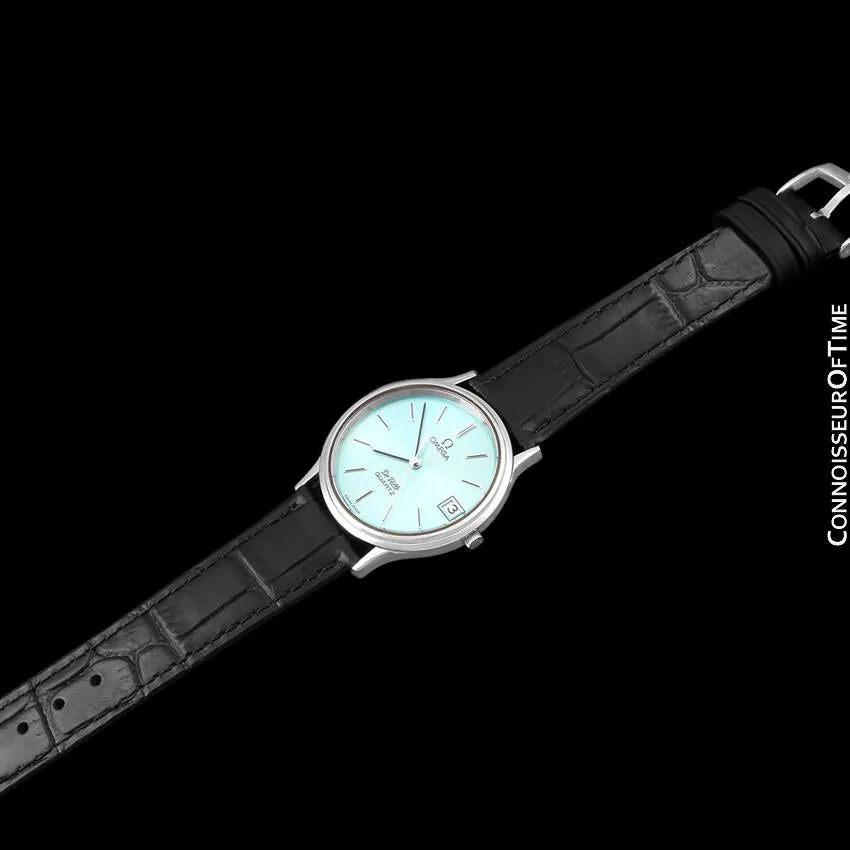1981 Omega De Ville Classic Retro Mens Accuset Watch with Tiffany Blue Dial, Quick-Setting Hour - Stainless Steel
