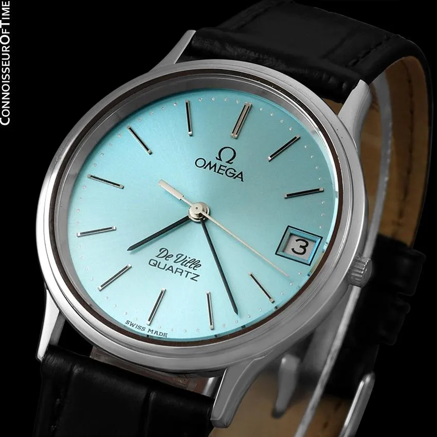 1981 Omega De Ville Classic Retro Mens Accuset Watch with Tiffany Blue Dial, Quick-Setting Hour - Stainless Steel