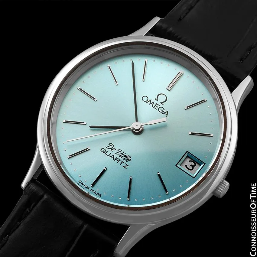 1981 Omega De Ville Classic Retro Mens Accuset Watch with Tiffany Blue Dial, Quick-Setting Hour - Stainless Steel