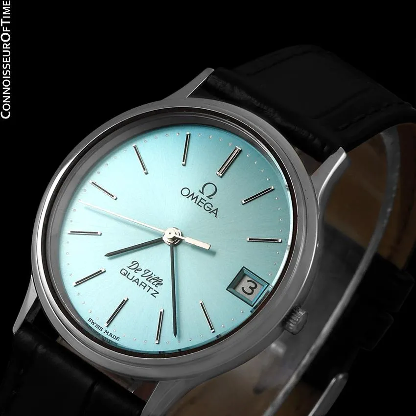 1981 Omega De Ville Classic Retro Mens Accuset Watch with Tiffany Blue Dial, Quick-Setting Hour - Stainless Steel