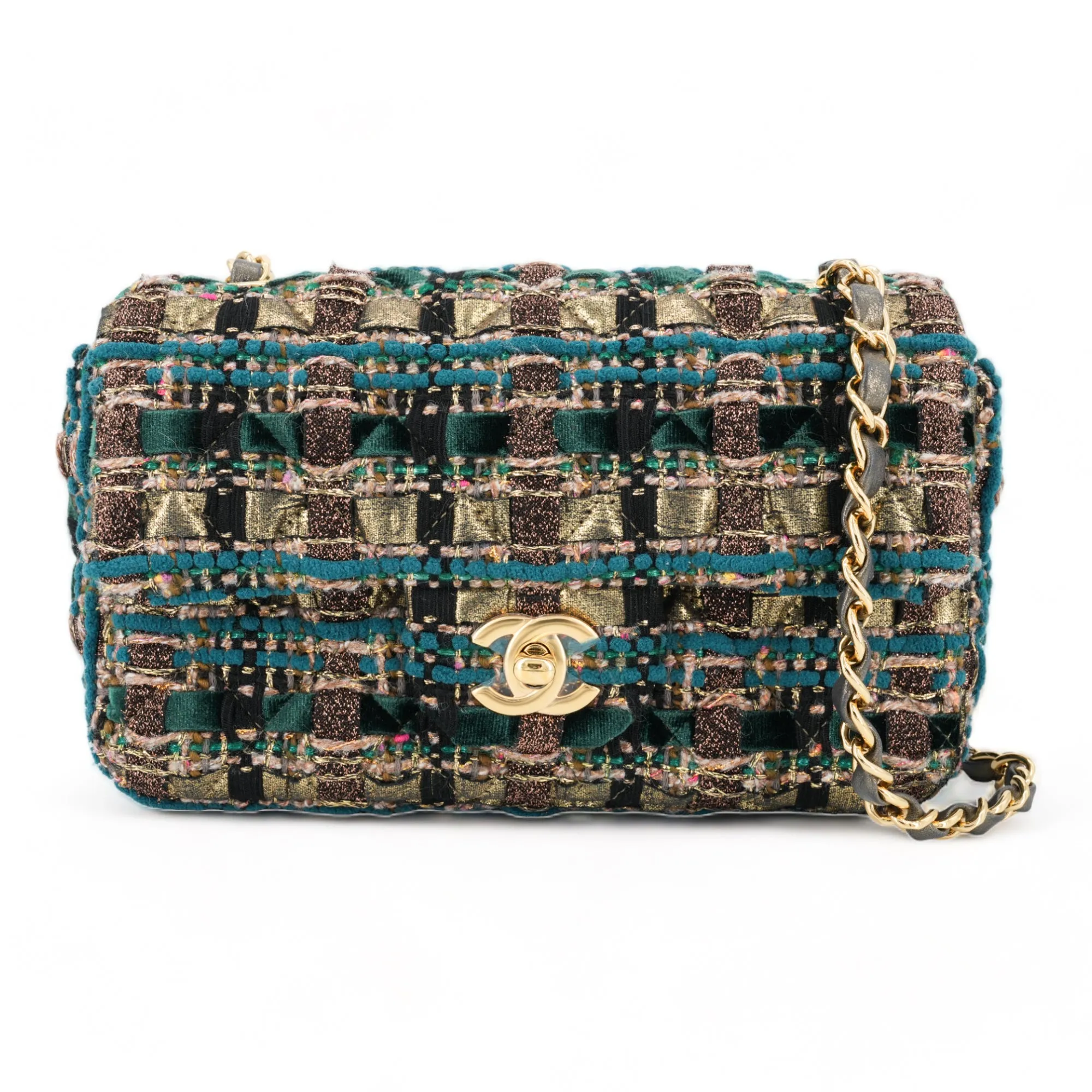 19A Ancient Egypt Gold Green Tweed Mini Rectangular Flap Bag