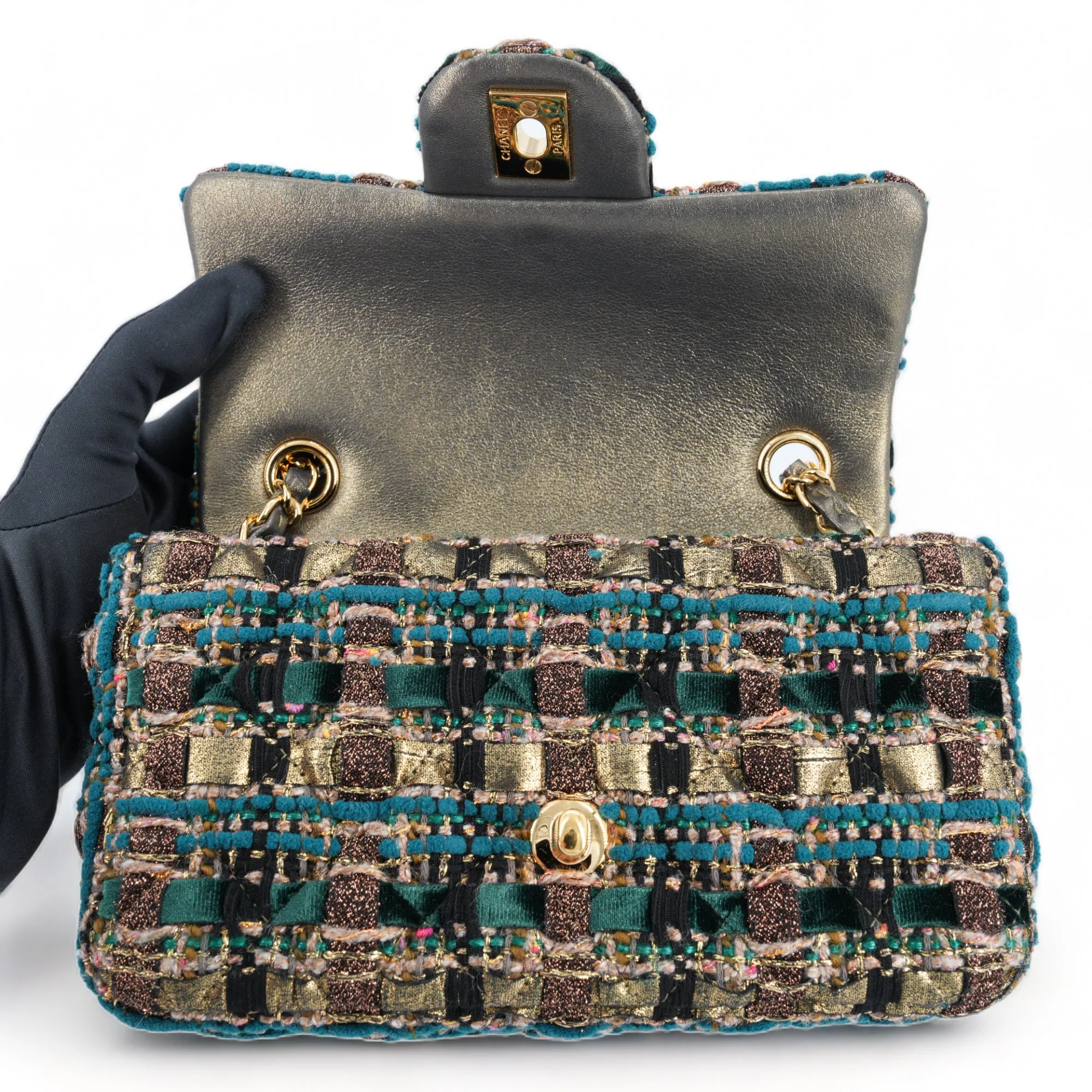 19A Ancient Egypt Gold Green Tweed Mini Rectangular Flap Bag