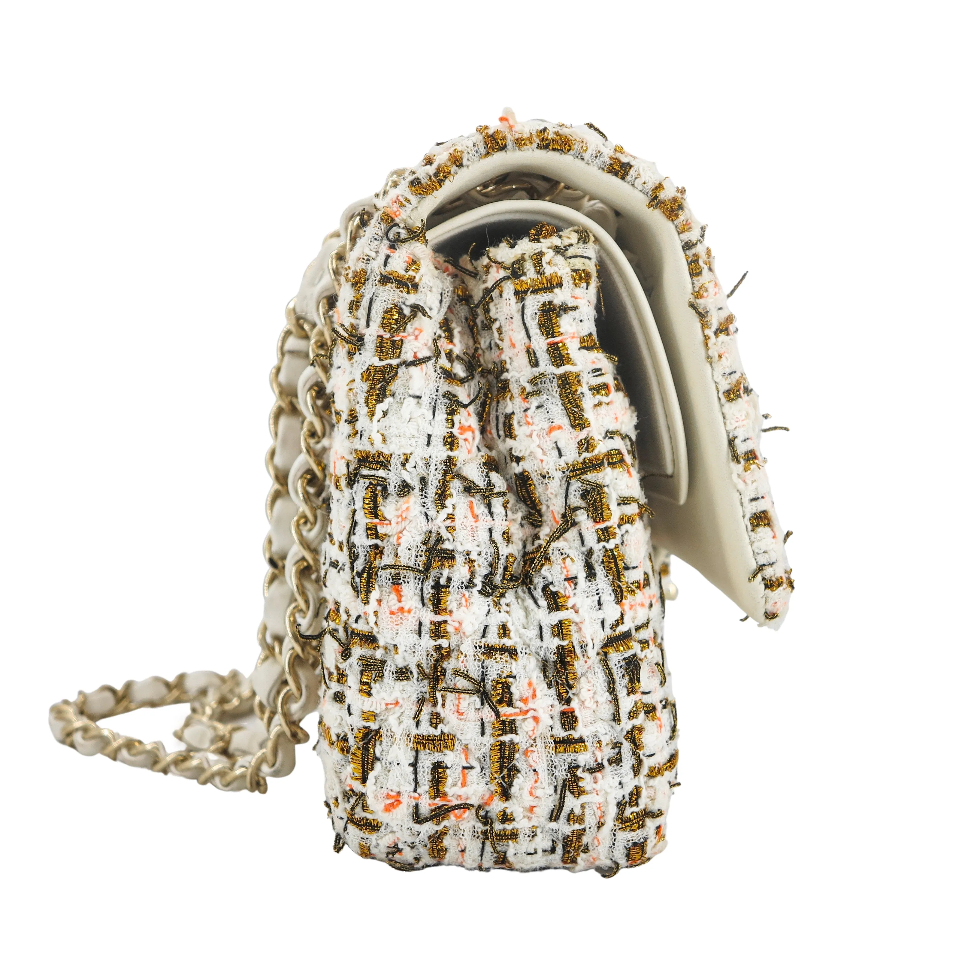 19C Ivory Gold Tweed Medium Classic Double Flap Bag