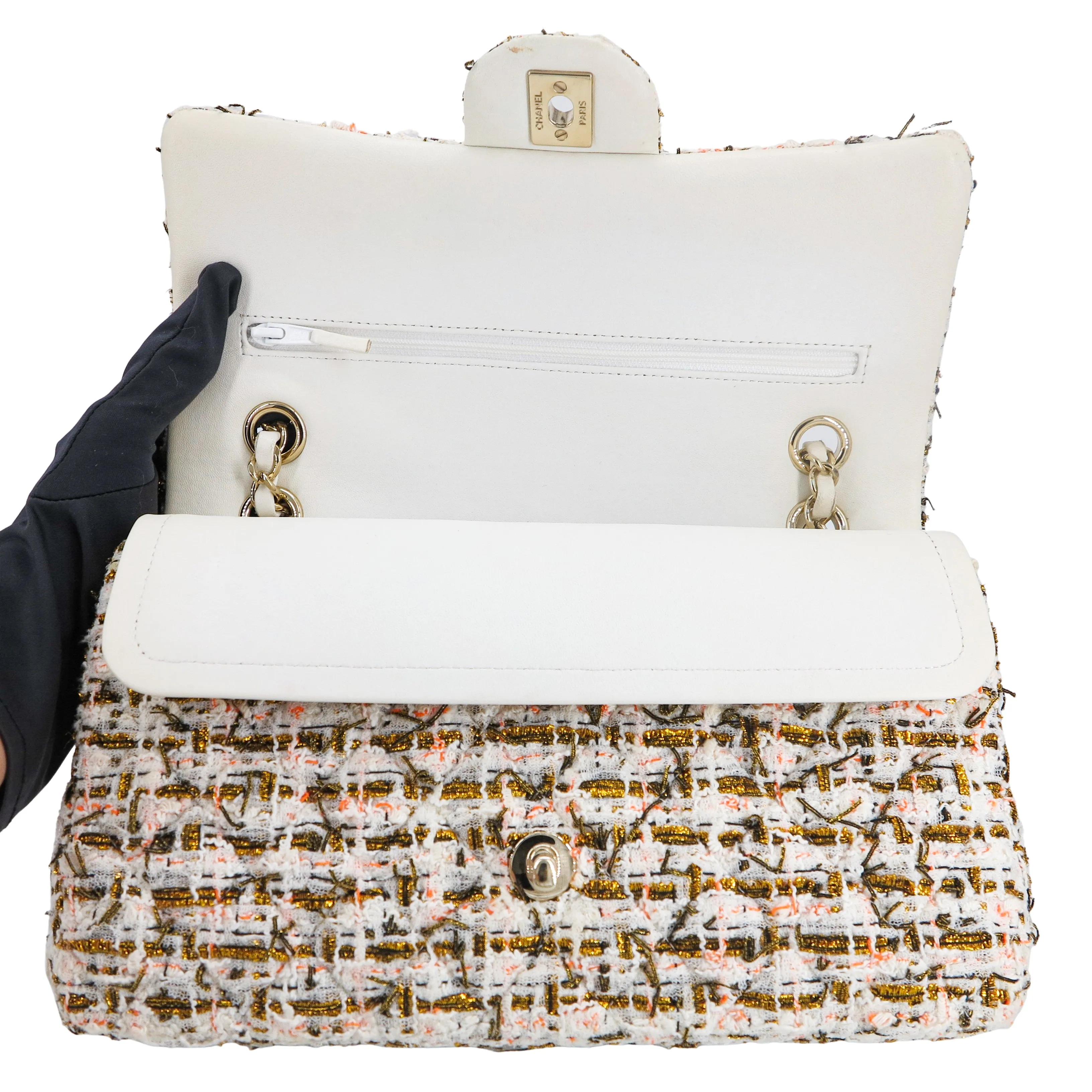 19C Ivory Gold Tweed Medium Classic Double Flap Bag