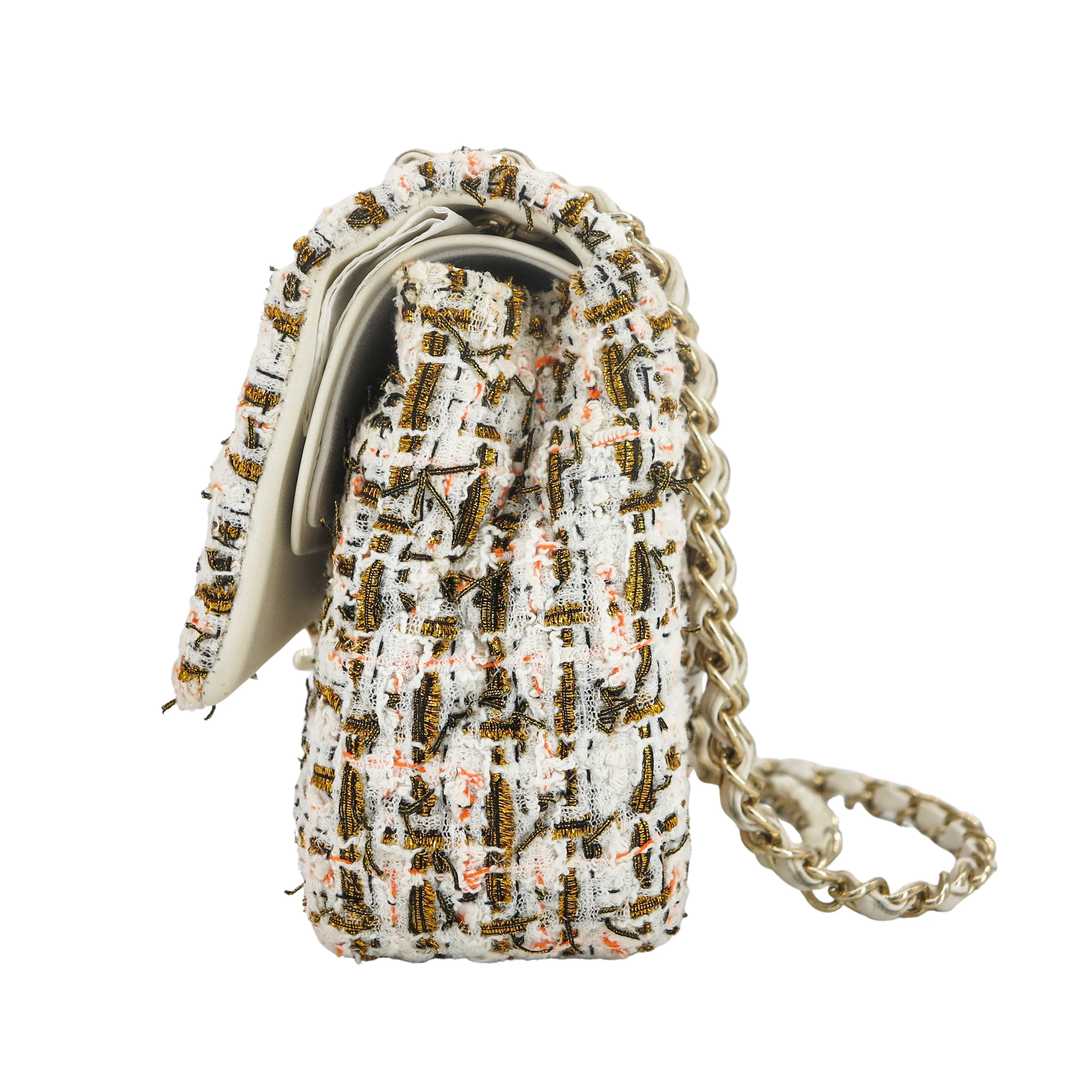 19C Ivory Gold Tweed Medium Classic Double Flap Bag
