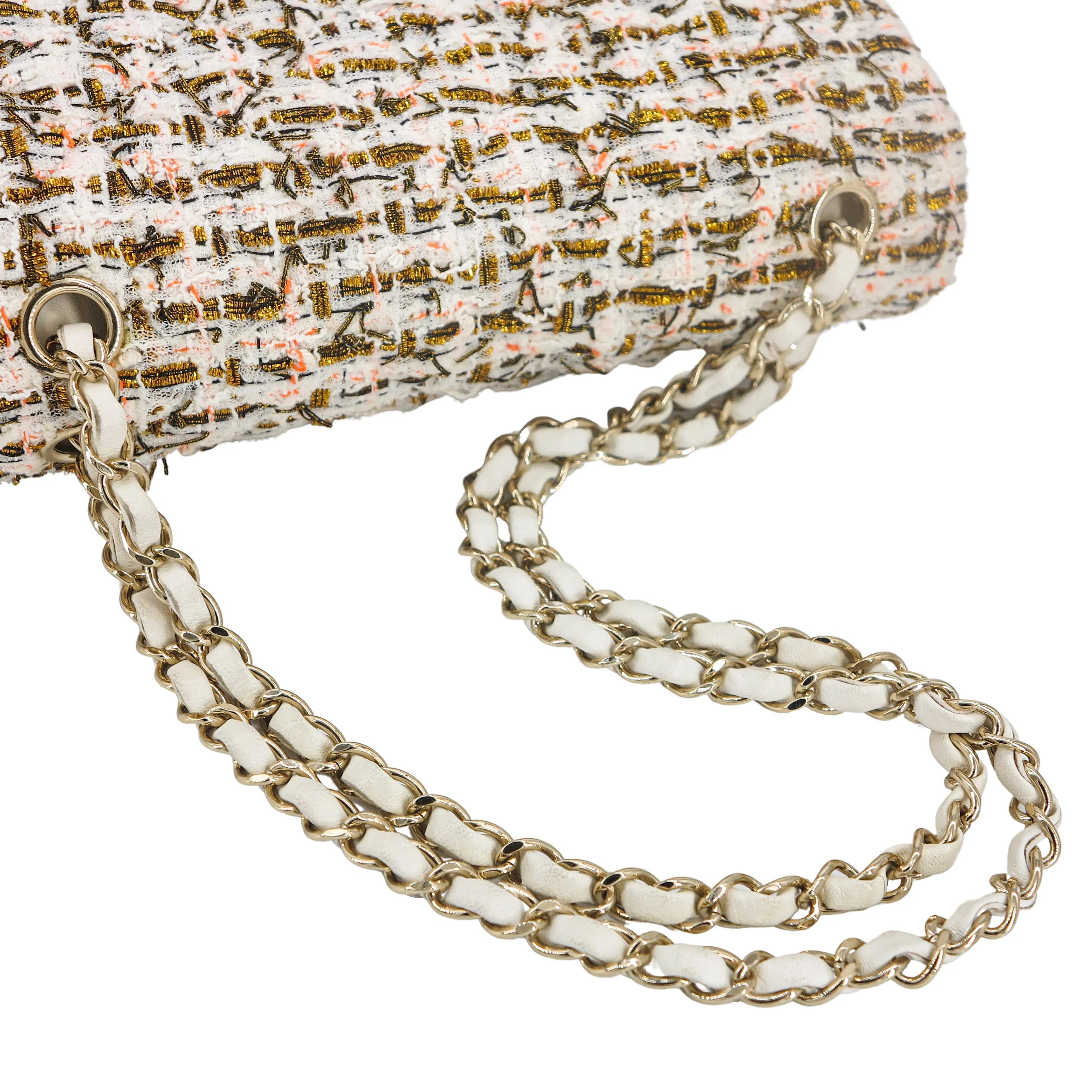 19C Ivory Gold Tweed Medium Classic Double Flap Bag