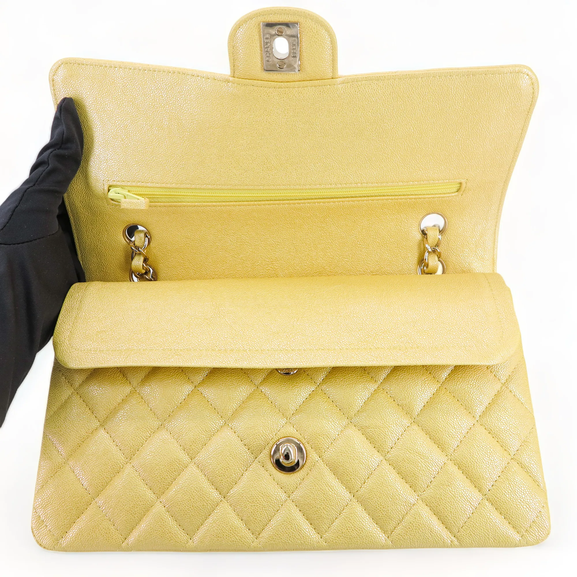 19S Iridescent Yellow Caviar Medium Classic Double Flap Bag