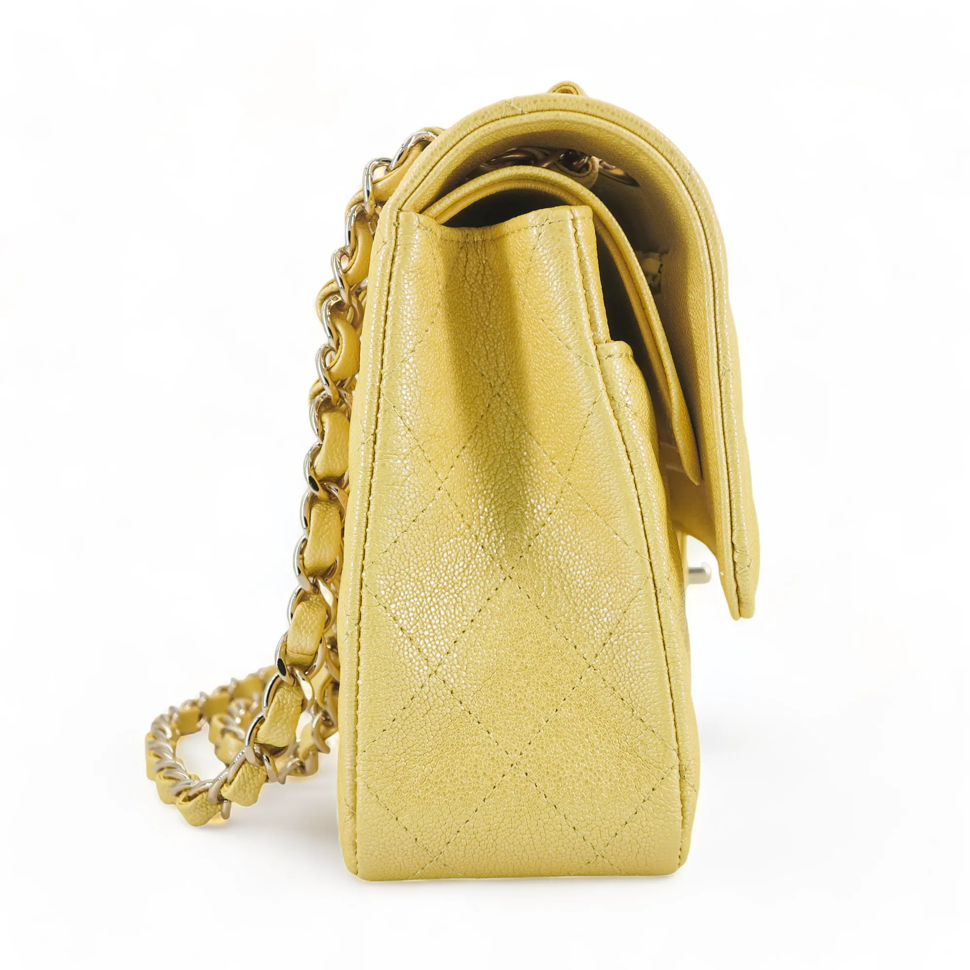 19S Iridescent Yellow Caviar Medium Classic Double Flap Bag