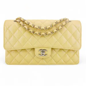 19S Iridescent Yellow Caviar Medium Classic Double Flap Bag
