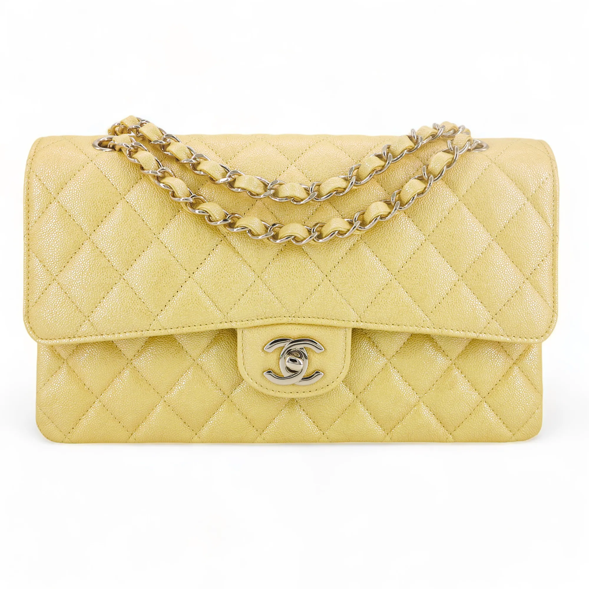 19S Iridescent Yellow Caviar Medium Classic Double Flap Bag
