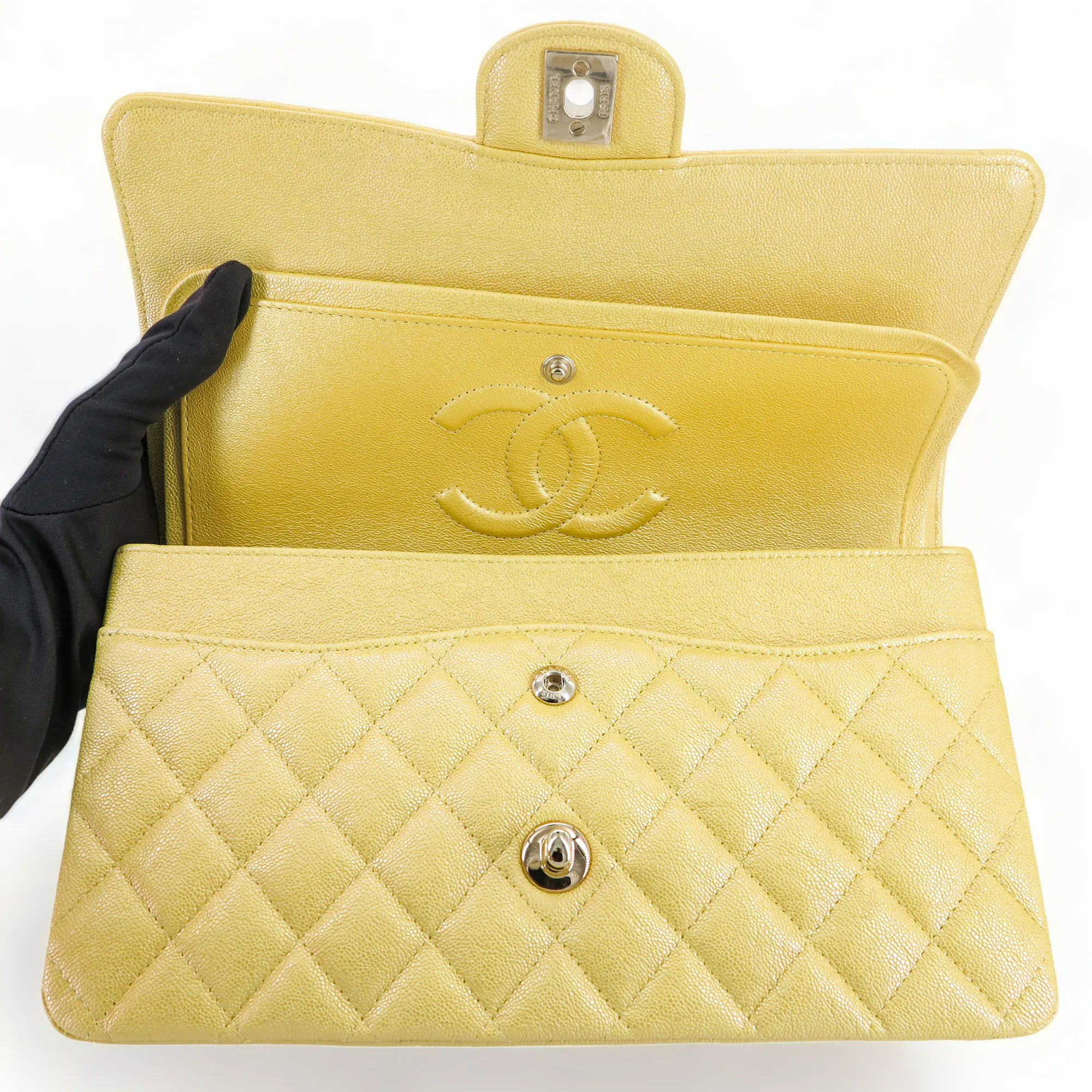 19S Iridescent Yellow Caviar Medium Classic Double Flap Bag